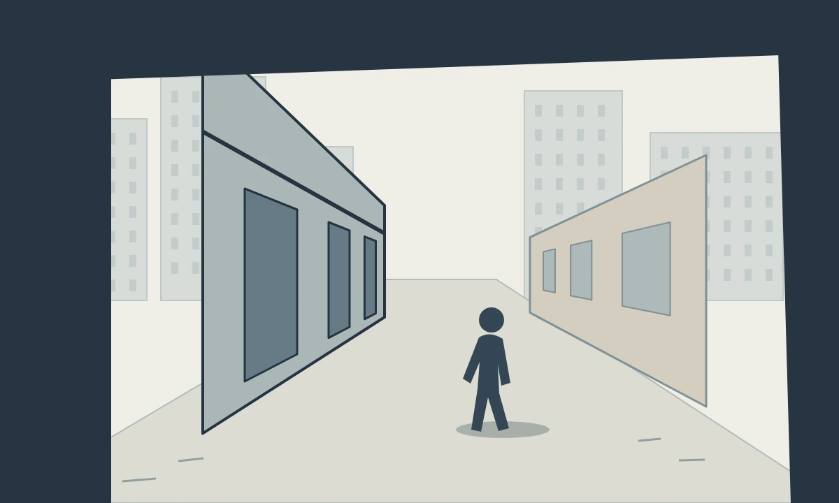 Eine eigens gezeichnete Manga-Straße mit dunklem Vordergrund, klarem Mittelgrund und blassen Gebäuden in der Ferne.